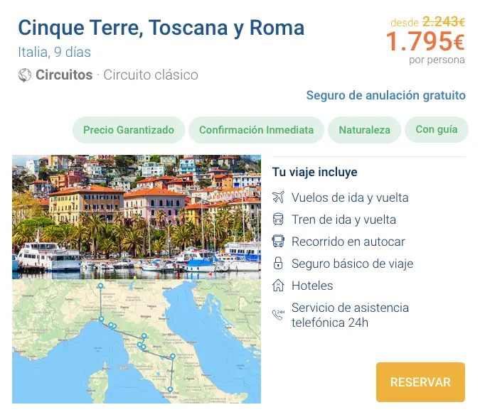 Si eres un amante de la gastronomía y de los paisajes este es el viaje que estabas buscando. Completo recorrido para descubrir Liguria y Toscana. Desde Milán visitarás las Cinque Terre y los maravillosos paisajes de la Toscana, sus gentes sus monumentos y su gastronomía no te dejarán indiferente, y para terminar conocerás Roma la ciudad eterna.